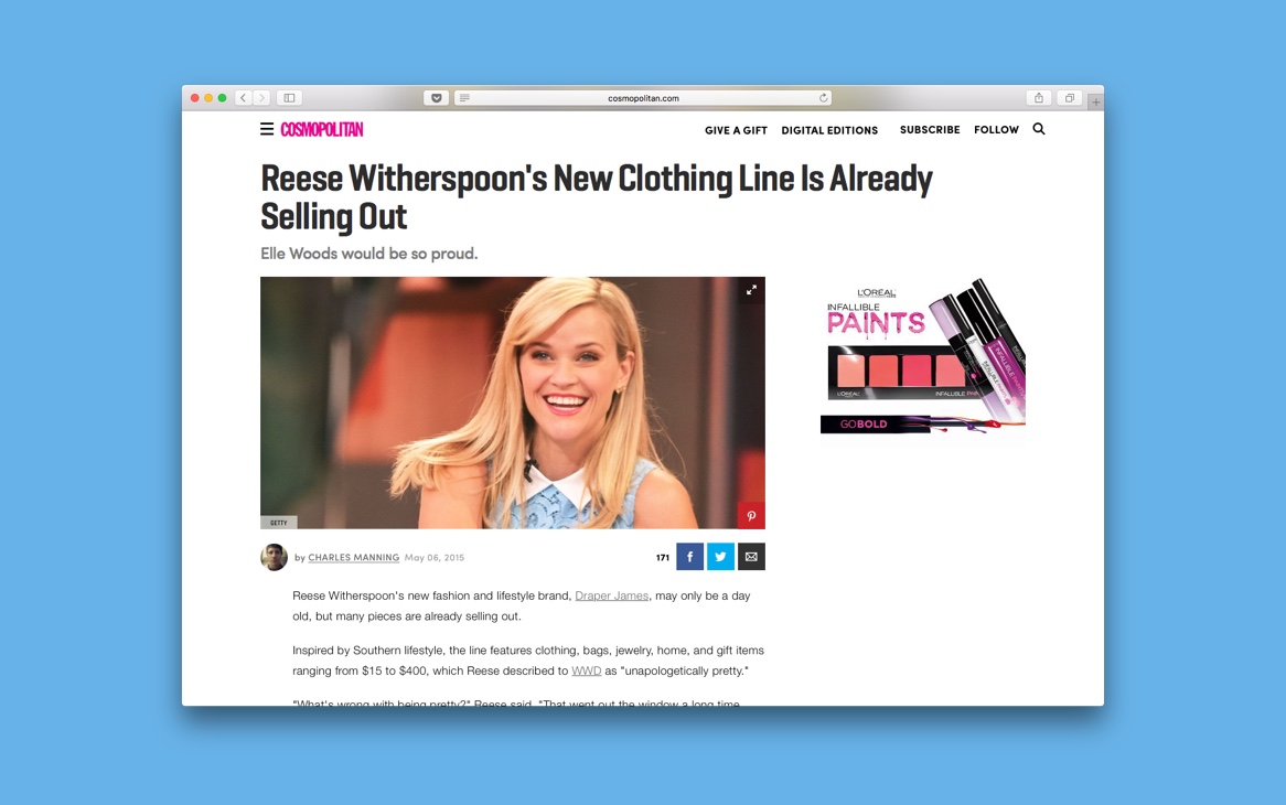 Draper James website launch press on Cosmopolitan Magazine