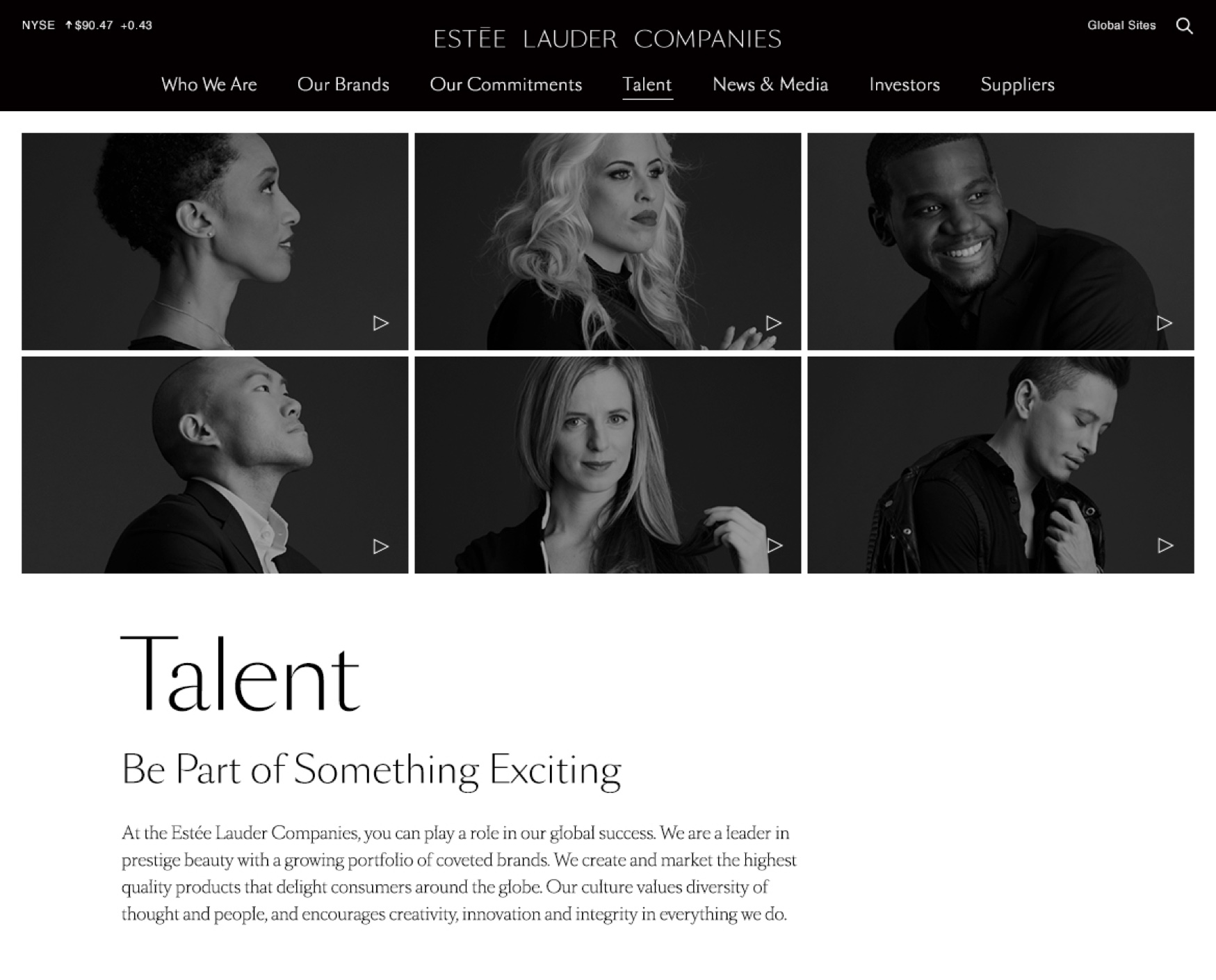 Estée Lauder Companies website talent page
