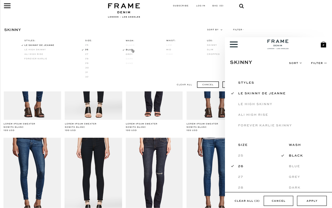 Frame Denim website product listings page filter